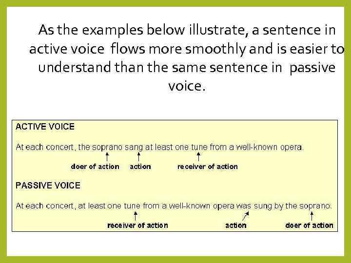  As the examples below illustrate, a sentence in active voice flows more smoothly