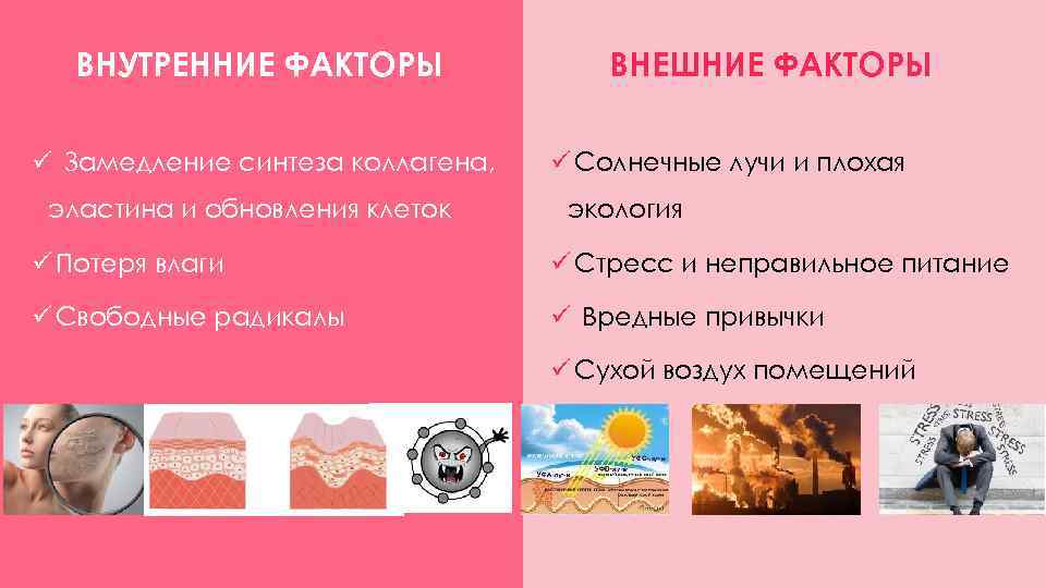   ВНУТРЕННИЕ ФАКТОРЫ   ВНЕШНИЕ ФАКТОРЫ ü Замедление синтеза коллагена,  ü