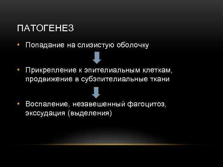 ПАТОГЕНЕЗ • Попадание на слизистую оболочку  • Прикрепление к эпителиальным клеткам, продвижение в
