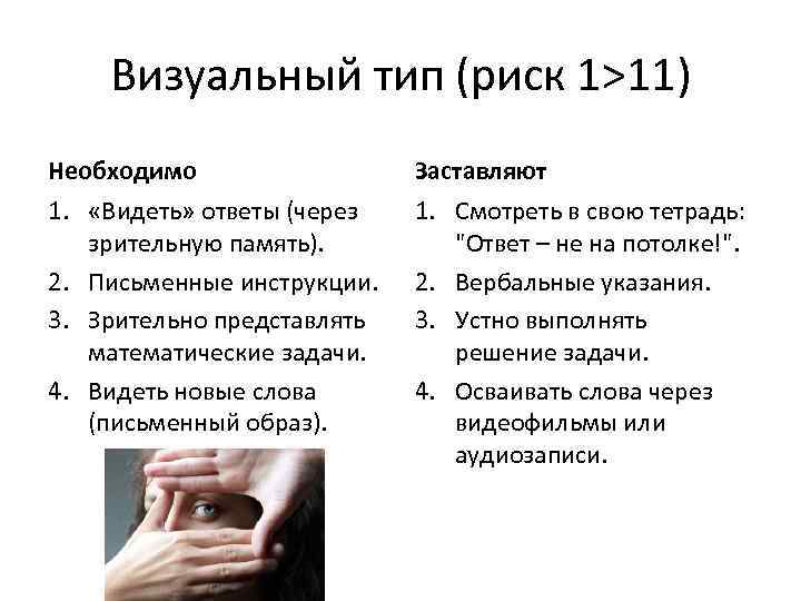   Визуальный тип (риск 1>11) Необходимо    Заставляют 1.  «Видеть»