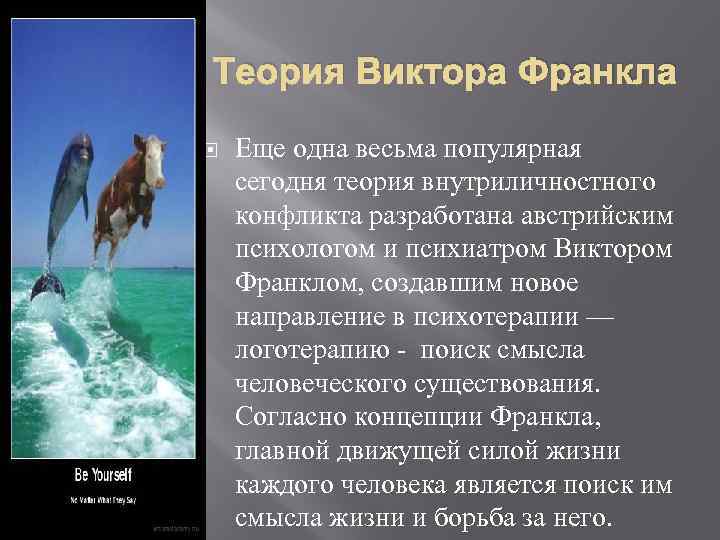 Теория Виктора Франкла Еще одна весьма популярная сегодня теория внутриличностного конфликта разработана австрийским психологом