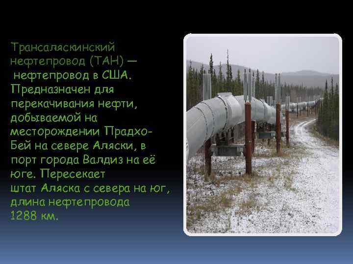 Трансаляскинский нефтепровод (ТАН) — нефтепровод в США. Предназначен для перекачивания нефти, добываемой на месторождении Трансаляскинский нефтепровод (ТАН) — нефтепровод в США. Предназначен для перекачивания нефти, добываемой на месторождении
