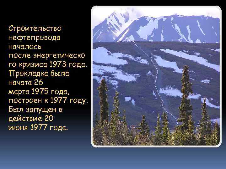 Строительство нефтепровода началось после энергетическо го кризиса 1973 года. Прокладка была начата 26 марта Строительство нефтепровода началось после энергетическо го кризиса 1973 года. Прокладка была начата 26 марта