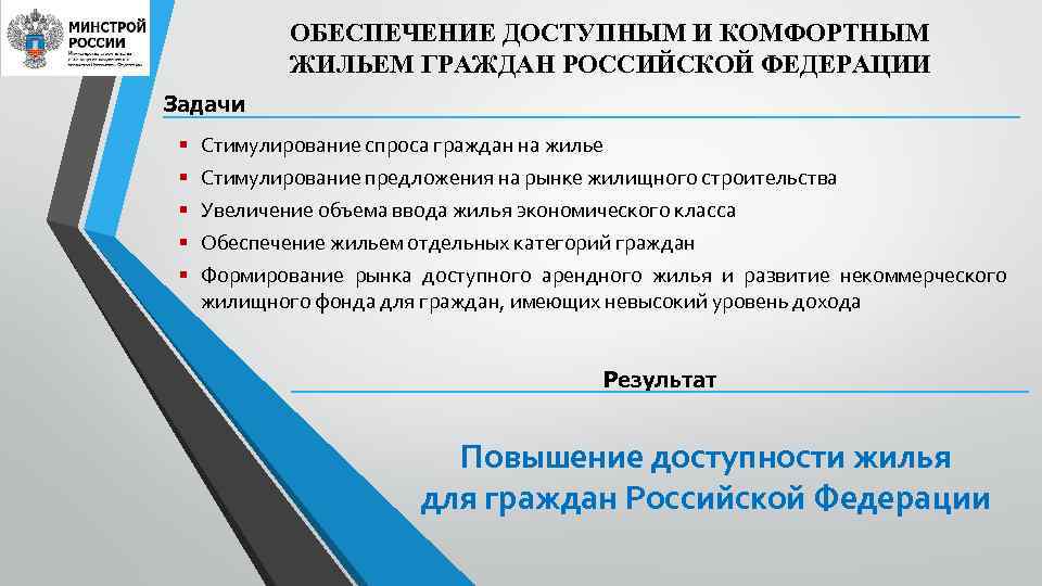 Минстрой аттестованные. «Обеспечение доступным и комфортным жильём граждан».. Минстрой РФ задачи. Обеспечение жильем отдельных категорий граждан. Презентация Минстрой.