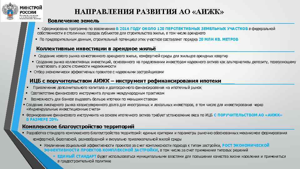      НАПРАВЛЕНИЯ РАЗВИТИЯ АО «АИЖК»    Вовлечение земель