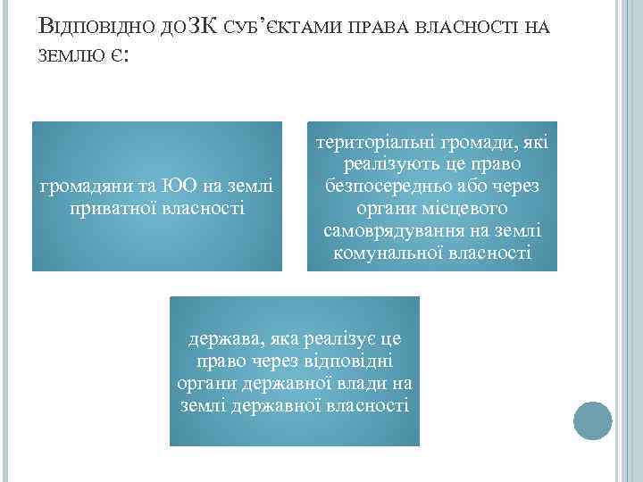 ВІДПОВІДНО ДО ЗК СУБ’ЄКТАМИ ПРАВА ВЛАСНОСТІ НА ЗЕМЛЮ Є:     