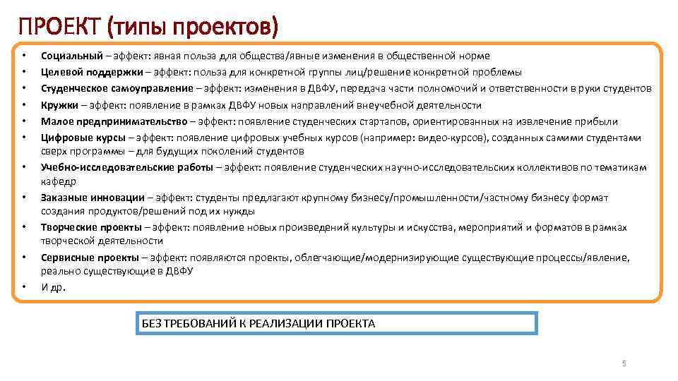 ПРОЕКТ (типы проектов) •  Социальный – эффект: явная польза для общества/явные изменения в