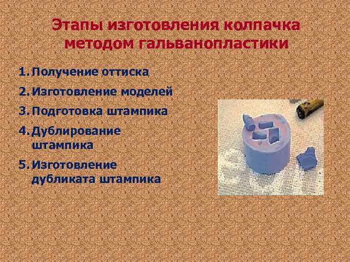 Этапы изготовления колпачка методом гальванопластики 1. Получение оттиска 2. Изготовление моделей 3. Этапы изготовления колпачка методом гальванопластики 1. Получение оттиска 2. Изготовление моделей 3.
