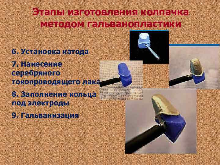 Этапы изготовления колпачка методом гальванопластики 6. Установка катода 7. Нанесение серебряного токопроводящего Этапы изготовления колпачка методом гальванопластики 6. Установка катода 7. Нанесение серебряного токопроводящего