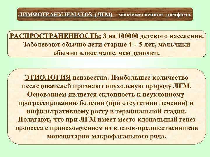 ЛИМФОГРАНУЛЕМАТОЗ (ЛГМ) – злокачественная лимфома.  РАСПРОСТРАНЕННОСТЬ: 3 на 100000 детского населения. Заболевают