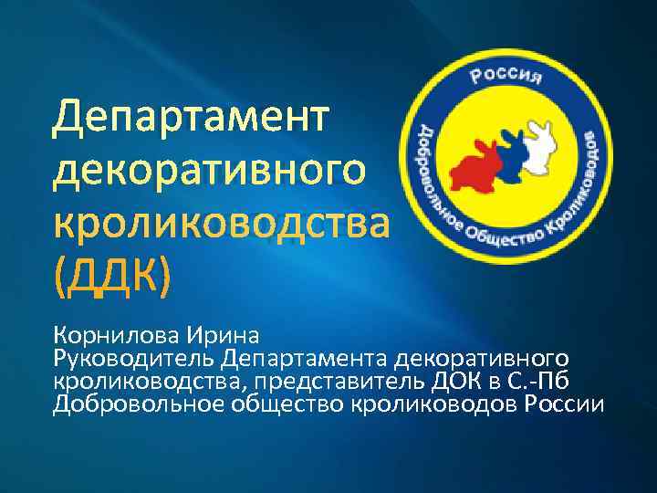 Департамент декоративного кролиководства (ДДК) Корнилова Ирина Руководитель Департамента декоративного кролиководства, представитель ДОК в С.