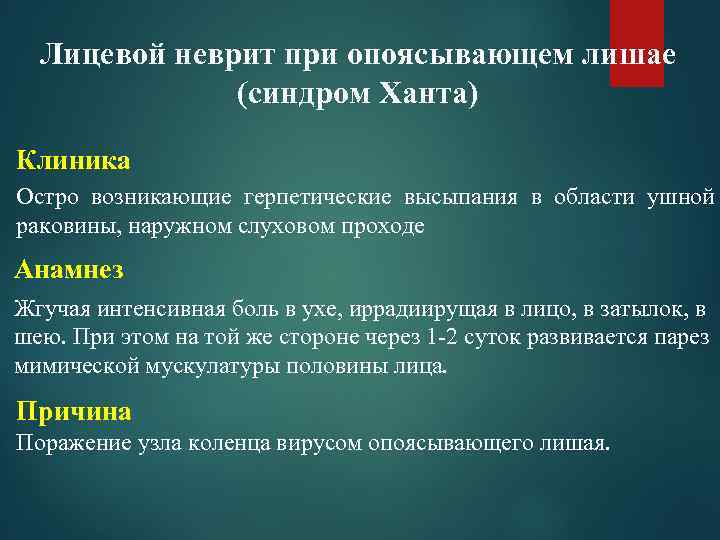 Лицевой неврит при опоясывающем лишае    (синдром Ханта) Клиника Остро возникающие