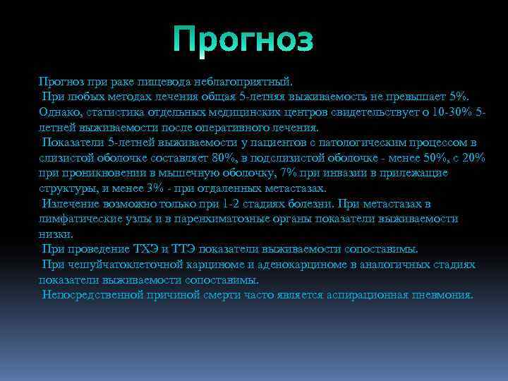 Прогноз при раке пищевода неблагоприятный.  При любых методах лечения общая 5 -летняя выживаемость