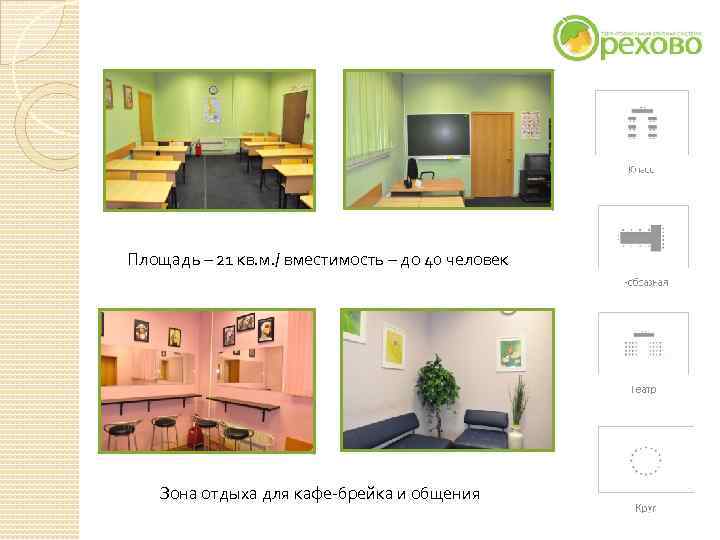 Площадь – 21 кв. м. / вместимость – до 40 человек Зона Площадь – 21 кв. м. / вместимость – до 40 человек Зона