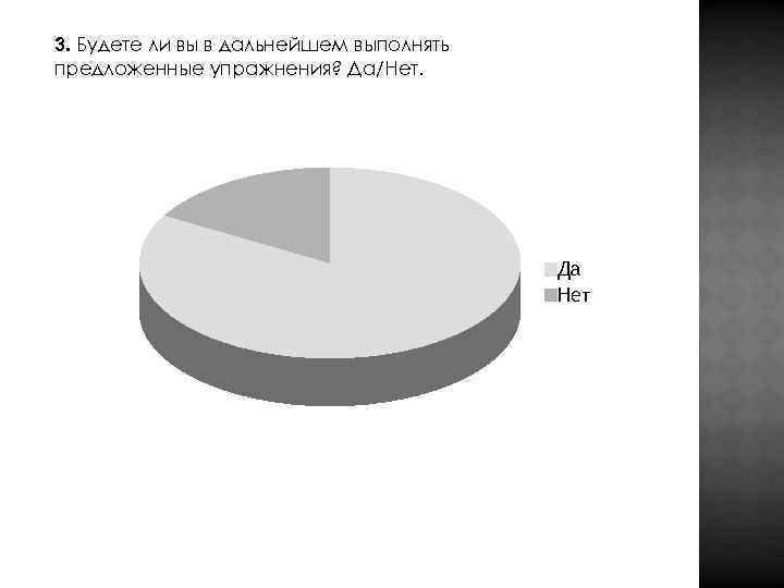 3. Будете ли вы в дальнейшем выполнять предложенные упражнения? Да/Нет.    Да