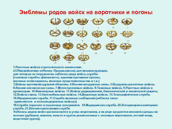   Эмблемы родов войск на воротники и погоны 1. Ракетные войска стратегического назначения.