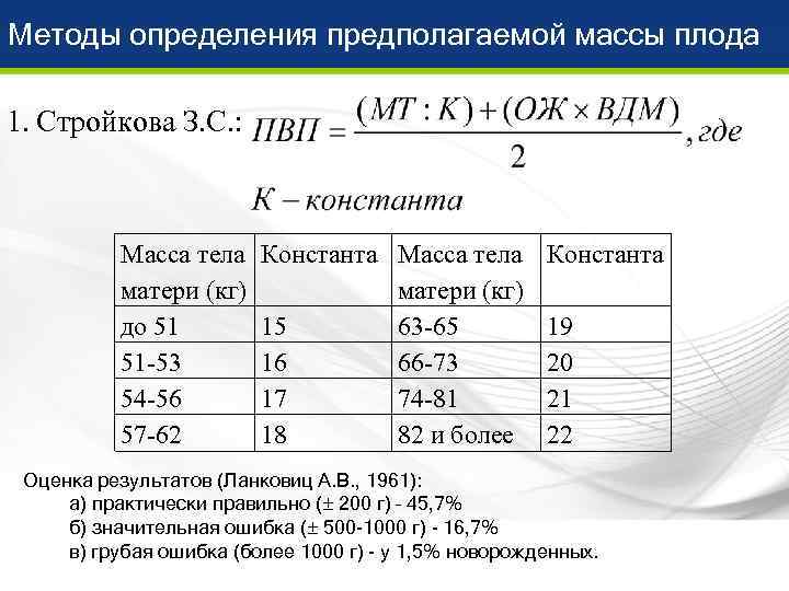 Методы определения предполагаемой массы плода 1. Стройкова З. С. :    Масса