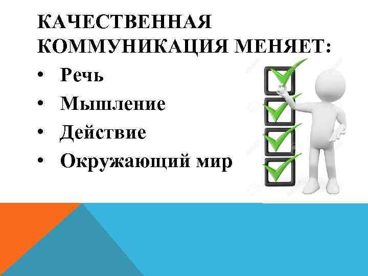 КАЧЕСТВЕННАЯ КОММУНИКАЦИЯ МЕНЯЕТ:  • Речь • Мышление • Действие • Окружающий мир 
