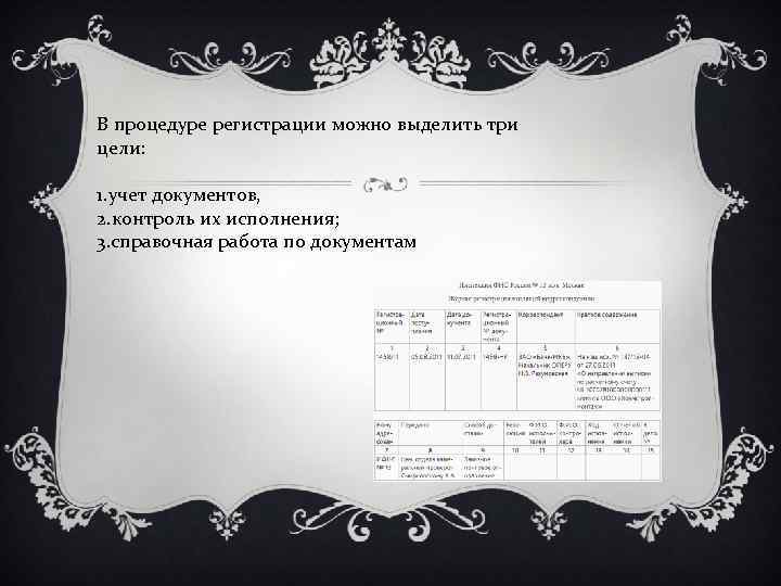 В процедуре регистрации можно выделить три цели:  1. учет документов, 2. контроль их