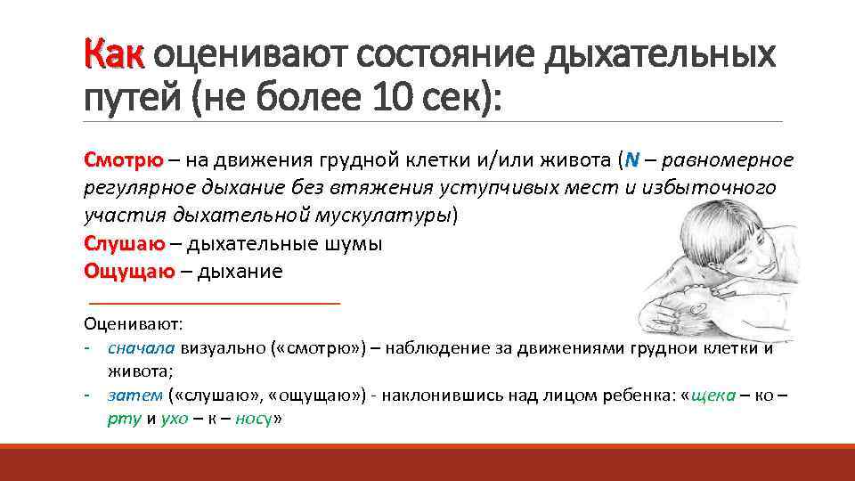 Как оценивают состояние дыхательных путей (не более 10 сек): Смотрю – на движения грудной