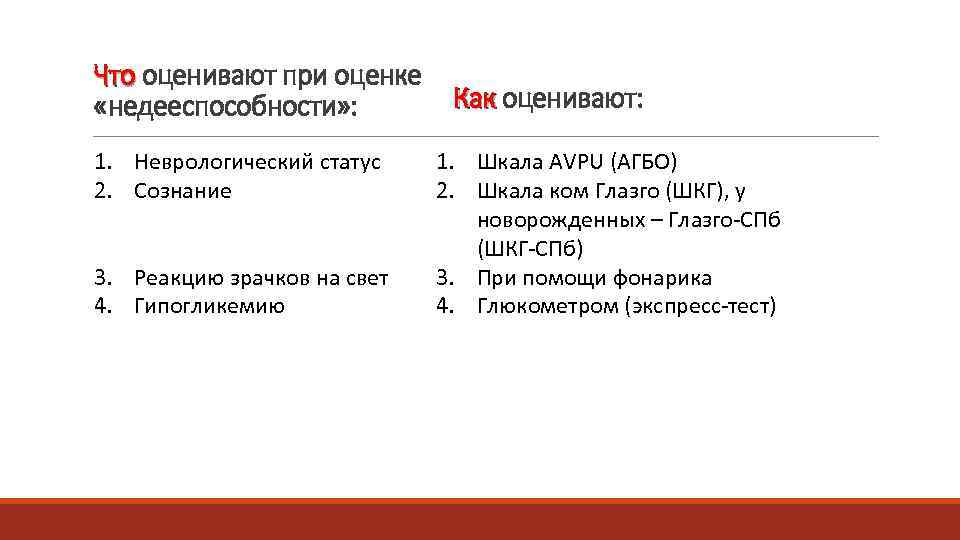 Что оценивают при оценке «недееспособности» :  Как оценивают:  1. Неврологический статус 