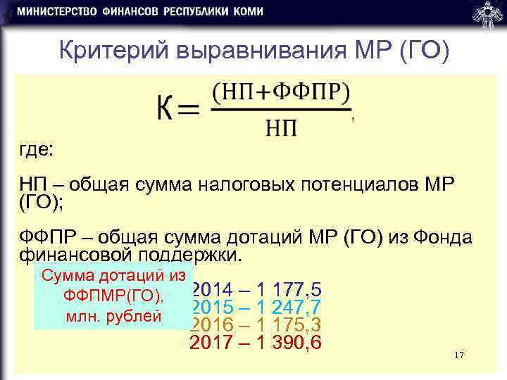   Критерий выравнивания МР (ГО) • где: НП – общая сумма налоговых потенциалов