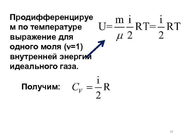 Продифференцируе м по температуре выражение для одного моля ( =1) внутренней энергии идеального газа.