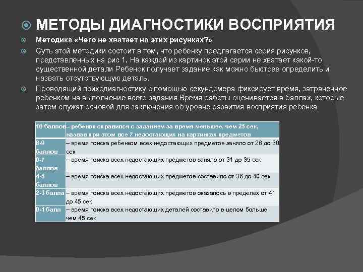   МЕТОДЫ ДИАГНОСТИКИ ВОСПРИЯТИЯ Методика «Чего не хватает на этих рисунках? » Суть