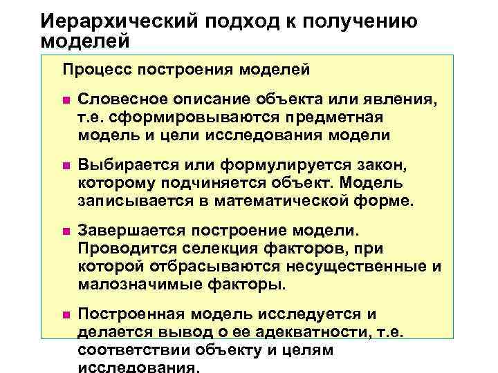 Иерархический подход к получению моделей Процесс построения моделей n Словесное описание объекта или Иерархический подход к получению моделей Процесс построения моделей n Словесное описание объекта или