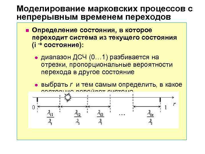 Моделирование марковских процессов с непрерывным временем переходов n  Определение состояния, в которое 