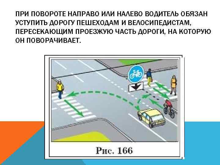 ПРИ ПОВОРОТЕ НАПРАВО ИЛИ НАЛЕВО ВОДИТЕЛЬ ОБЯЗАН УСТУПИТЬ ДОРОГУ ПЕШЕХОДАМ И ВЕЛОСИПЕДИСТАМ, ПЕРЕСЕКАЮЩИМ ПРОЕЗЖУЮ