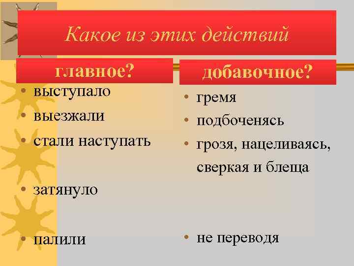  Какое из этих действий главное?  добавочное?  • выступало   •
