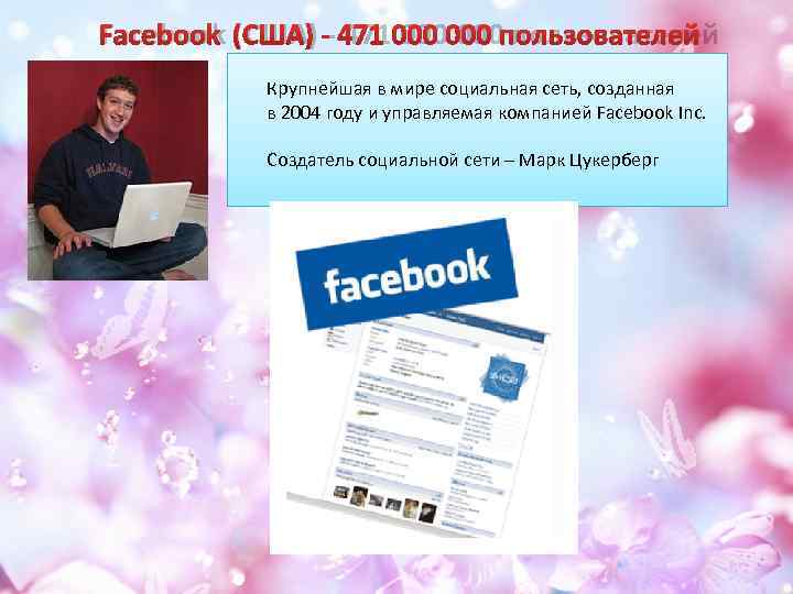 Facebook (США) - 471 000 пользователей  Крупнейшая в мире социальная сеть, созданная 