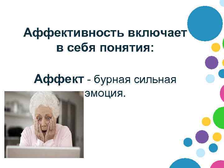 Аффективность включает  в себя понятия:  Аффект - бурная сильная   эмоция.