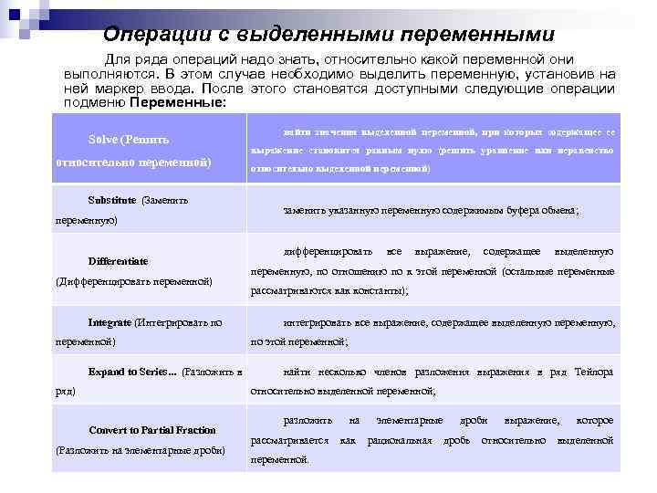 Операции с выделенными переменными Для ряда операций надо знать, относительно Операции с выделенными переменными Для ряда операций надо знать, относительно