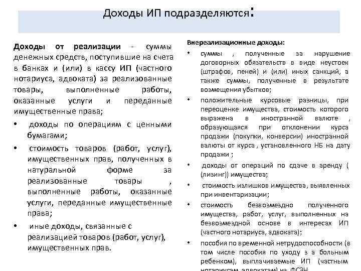     Доходы ИП подразделяются    :  