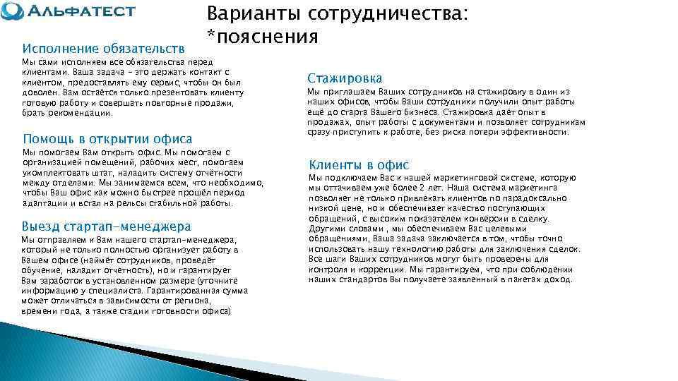     Варианты сотрудничества:       *пояснения Исполнение