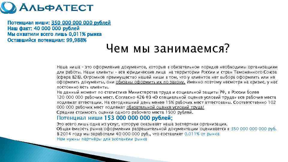 Потенциал ниши: 350 000 000 рублей Наш факт: 40 000 рублей Мы охватили всего