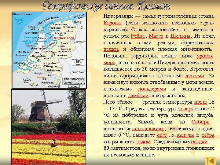 Нидерланды — самая густонаселённая страна Европы (если исключить несколько стран- карликов). Страна расположена Нидерланды — самая густонаселённая страна Европы (если исключить несколько стран- карликов). Страна расположена