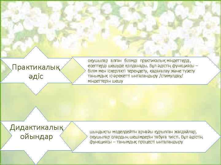     оқушылар алған білімді практикалық міндеттерді, Практикалық  есептерді шешуде қолданады.