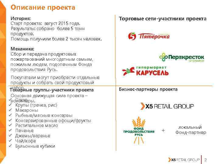 Описание проекта История:      Торговые сети-участники проекта Старт проекта: 