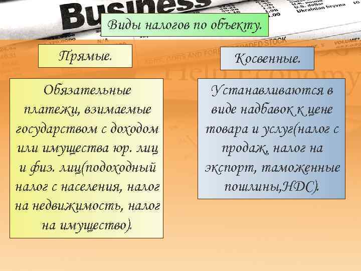     Виды налогов по объекту.   Прямые.   