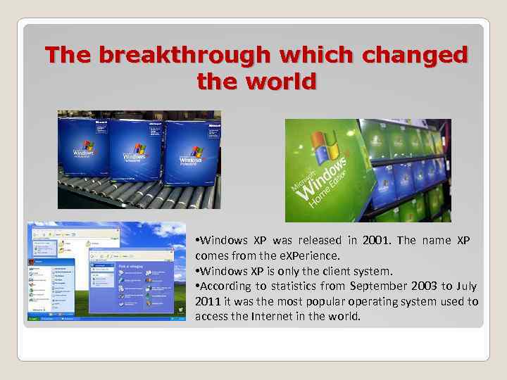 The breakthrough which changed  the world    • Windows XP was