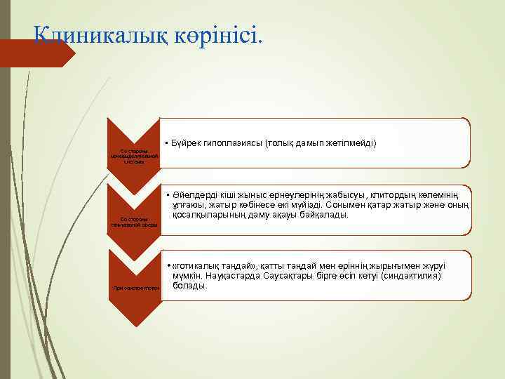 Клиникалық көрінісі.       • Бүйрек гипоплазиясы (толық дамып жетілмейді)