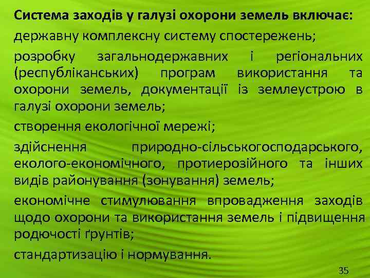 Система заходів у галузі охорони земель включає: державну комплексну систему спостережень; розробку загальнодержавних і