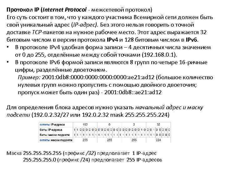 Протокол IP (Internet Protocol - межсетевой протокол) Его суть состоит в том, что у