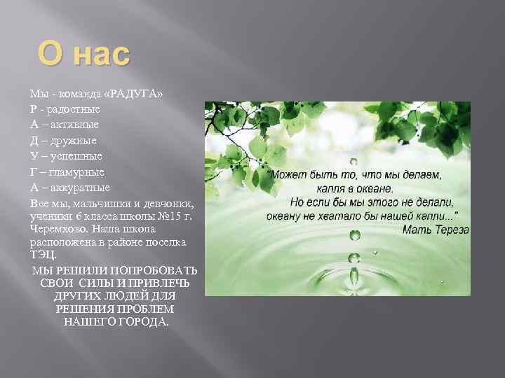 О нас Мы - команда «РАДУГА» Р - радостные А – активные Д