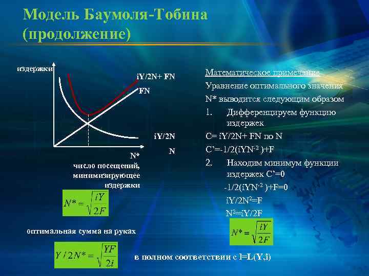  Модель Баумоля-Тобина (продолжение) издержки      Математическое примечание  