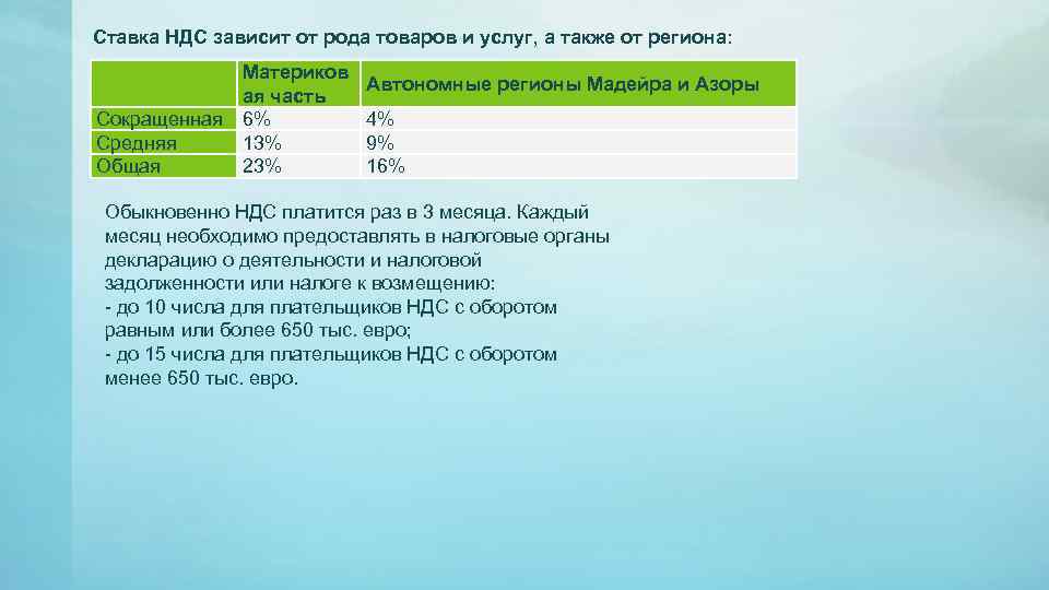Ставка НДС зависит от рода товаров и услуг, а также от региона:  