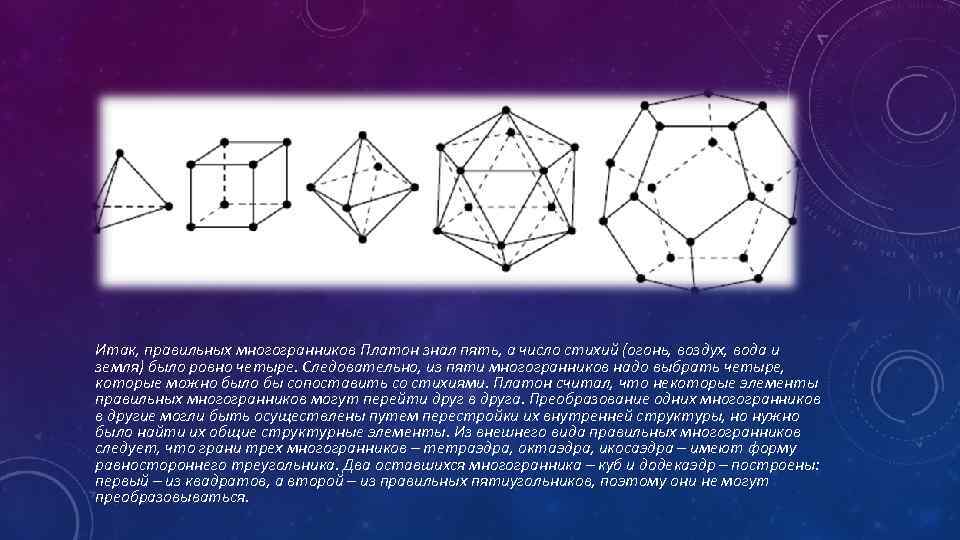 Итак, правильных многогранников Платон знал пять, а число стихий (огонь, воздух, вода и земля)